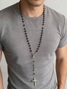 1件极简黑色串珠十字架念珠长款手工项链，男女通用流苏毛衣链 - 黑色 - 查看 1