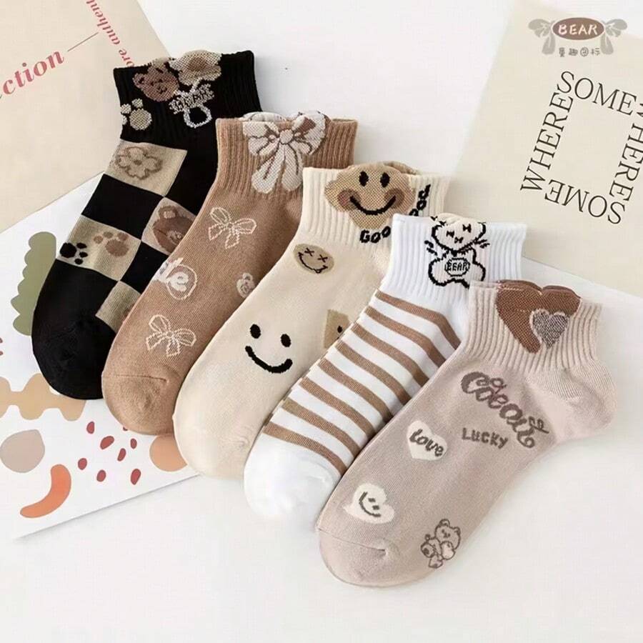 5 paires de chaussettes montantes imprimées de nœuds et d'ours de bande dessinée, à la mode et respirantes, polyvalentes pour toutes les saisons, convenant aux étudiants
