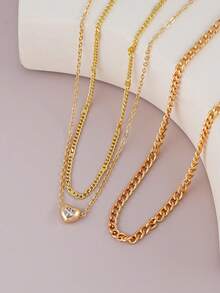 3 st eleganta guldfärgade kubiska zirkonia-halsband med hjärtformade hängen, lämpliga för kvinnors vardag, dejt, fest, lager-på-lager-halsband - Gult guld - Visa 6