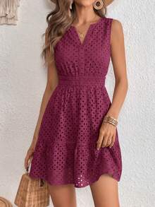 PRETTYGARDEN Women's Summer Dress Sleeveless V Neck Eyelet Cutout Swinging A-Line Flowy City Walks Wedding Guest Graduation Beach Vacation Sun Dress - 酒紅色 - 查看 1