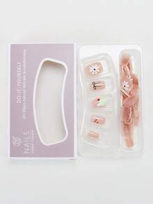 30pcs Short Square/Cute Healing Style Nail Stickers, With Translucent Nude Pink Base, Featuring 3D Cake, Small Flowers, Bows And Other Playful Elements, Soft And Adorable Style, Vibrant, Suitable For Spring/Summer Daily Commute Or Girly Outfits Press On Nails - Multicolor - View 4