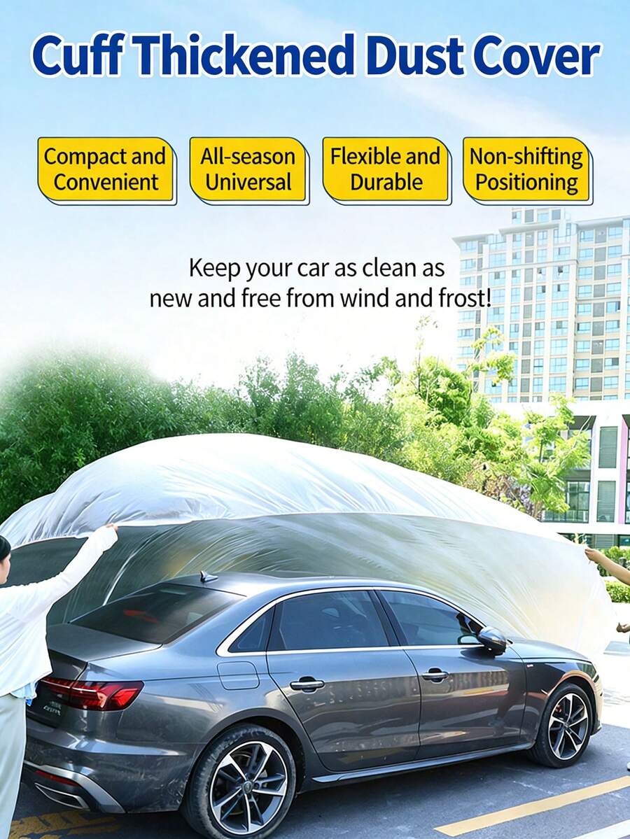 1 tấm phủ xe dùng một lần, trong suốt, chống mọi thời tiết, dày dặn, chống bụi, dùng được cả 4 mùa. - Tấm phủ xe dùng một lần - Xem 1