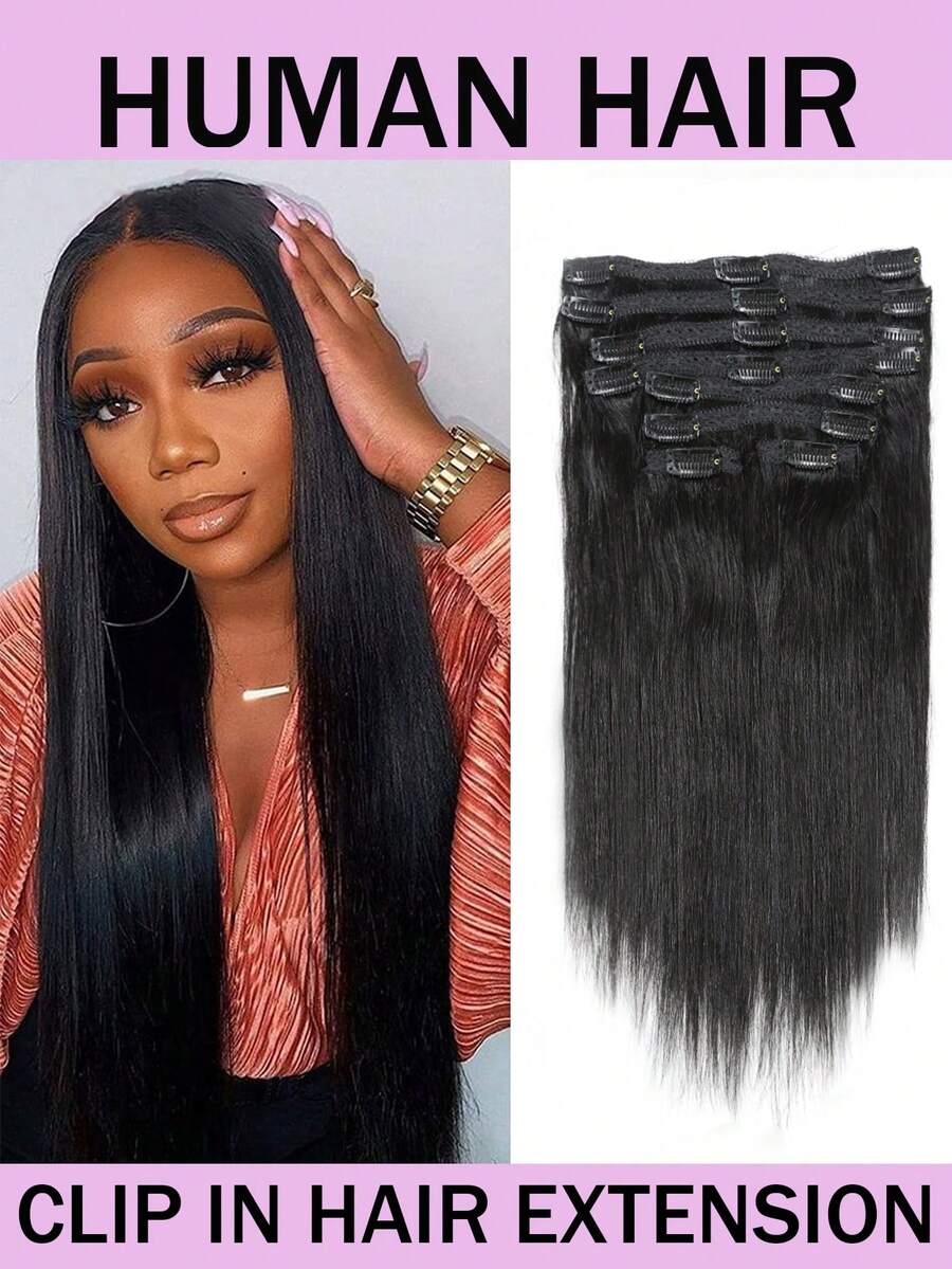 Tóc nối kẹp bằng tóc thật, tóc thẳng, tóc thật Brazil, 8 miếng tóc nối kẹp Remy thẳng mượt dành cho nữ, màu đen tự nhiên, dùng hàng ngày và dự tiệc. - Natural Black - Xem 1