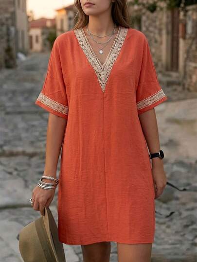 Women's Elegant Hollow Lace Embroidery Dress, Vintage Short Sleeve V-Neck Party & Beach Vacation Outfit Summer