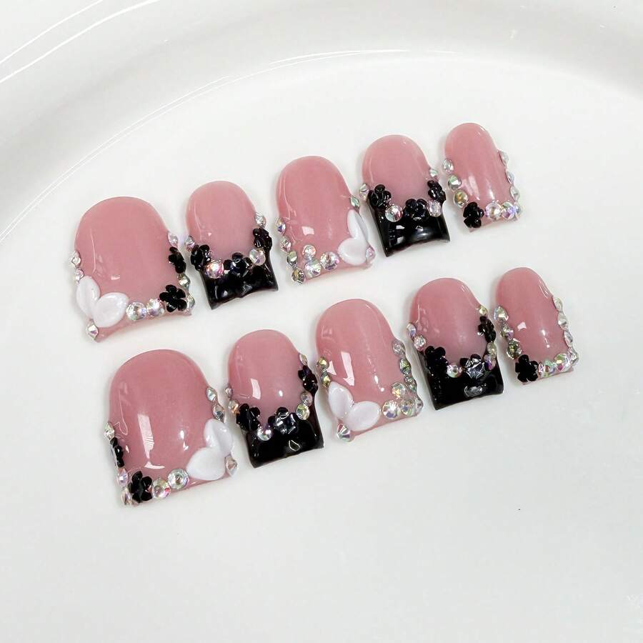 10pcs, Sweet And Cool Style Sparkling Rhinestone Carved Nail Stickers, Icy Nude Pink French Short False Nails, Handmade. Suitable For Daily, School, And Work. Great Gift For Women & Girls. Nail Supplies. Handmade Press On Nails. - 彩色 - 查看 1