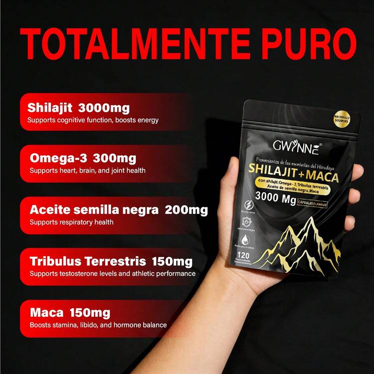 GWYNNE Shilajit + Maca del Himalaya 3000mg, 120 Cápsulas Blandas, con Omega-3, Tribulus Terrestris, Aceite de Semilla Negra, Suplemento para Energía, Vitalidad y Apoyo Inmunológico - 1 pieza - Añade 3