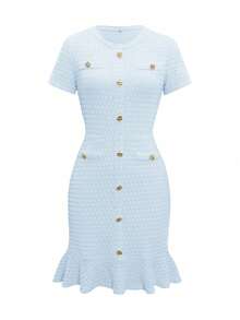 Unadoll 女士春季圆领短袖连衣裙，配有假口袋和装饰纽扣，优雅时尚，适合派对、约会、通勤、生日、情人节等夏季场合。 - 淺藍色 - 查看 3