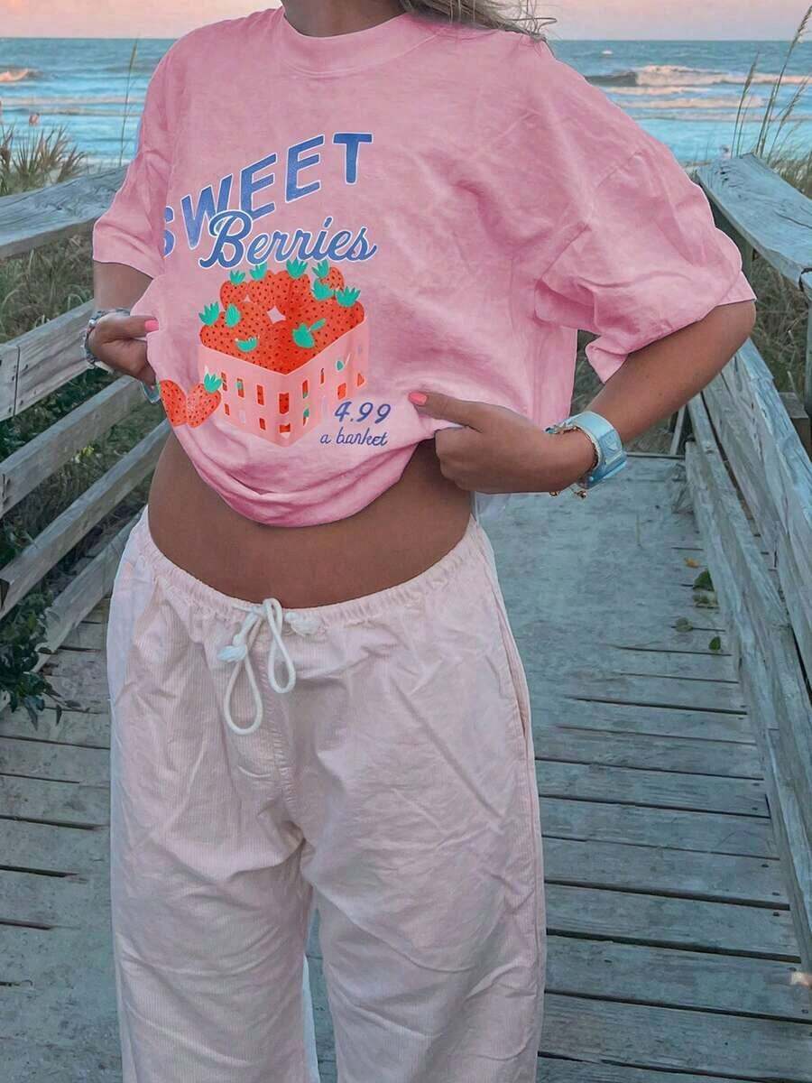 Summer TopsWomen Y2k Oversized Graphic Tees Floral Print Short Sleeve Crewneck T Shirts Loose Fit Summer   Tops For Teen Girls Aesthetic Clothes 2000s Beach Shirts For Women StreetwearLoose And Comfortablesummer Clothes Summer Outfits For Women - 粉色 - 查看 1