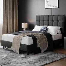 4ft6 Double Upholstered Platform Bed - Adjustable Square Tufted Headboard, Linen Fabric With Sturdy Wooden Slat Support, Beige (No Box Spring Needed) - Dark Grey - View 2