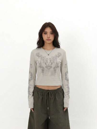 Women's Retro Floral Print Long-Sleeve T-Shirt Summer Style