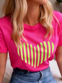 Women's Heart Print Round Neck Short Sleeve Casual T-Shirt, Suitable For Spring Vacation Summer - Hot Pink - View 3