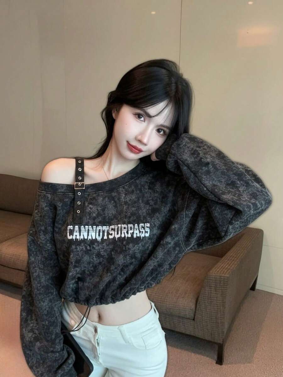 Áo sweatshirt dài tay trễ vai với thiết kế thắt eo, áo croptop rộng rãi, phong cách thường ngày. - màu đen - Xem 1