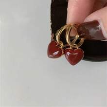 一对精美酒红色双面心形耳环，独特设计，优雅红色耳环，女士款 - 彩色 - 查看 1