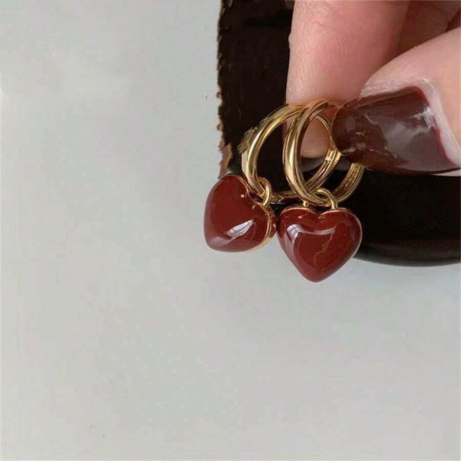 一对精美酒红色双面心形耳环，独特设计，优雅红色耳环，女士款 - 彩色 - 查看 1
