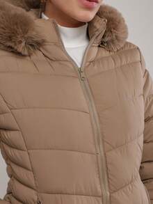 Women's Lined Puffer Jacket, Comfortable, Fur-Fitted, With Removable Hood, Autumn/Winter Style. - Màu Khaki - Xem 6