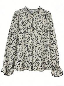 Fashionable Elegant Floral Print Long Sleeve Stand Collar Ruffle Casual Shirt, Versatile Blouse For Women, Suitable For Spring & Autumn Vacation - Black and White - View 5