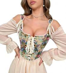 Women's Vintage Floral Corset Top Renaissance Camisole Gothic Overbust Bustier Shapewear - Green - View 1