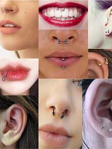 32件套不锈钢鼻环套装 - C形鼻环、球形和尖头唇钉、低过敏性身体饰品，适用于唇部、耳软骨、耳屏、耳廓等部位。 - 銀色 - 查看 7