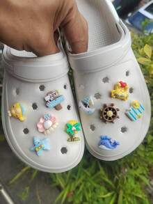 10件套海洋沙滩贝壳、鲸鱼、螃蟹、海星、字母、椰子树、帆船鞋饰，适用于木屐、沙滩鞋、凉鞋 - 彩色 - 查看 3