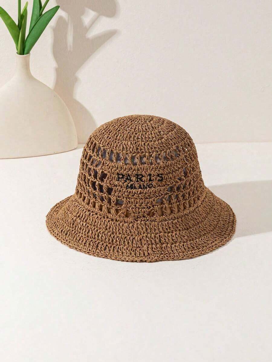 1pc Women's Fashionable Bohemian Inverted Triangle Letter Embroidery "Paris Milano" Handmade Crocheted Straw Hat, Suitable For Beach Resort Outfits - 卡其色 - 查看 1