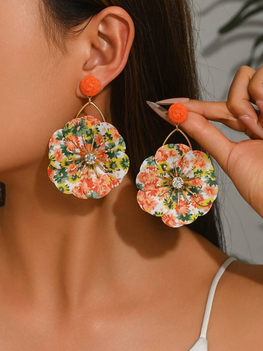 1 Pasang Anting Rumbai Bunga Kain Rafia Gaya Mori yang Manis dan Segar, Cocok untuk Liburan dan Pemakaian Sehari-hari Wanita - Oranye - View 1