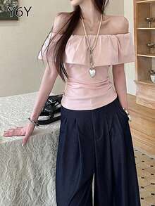[Y6Y] Áo thun nữ màu hồng trễ vai tay lửng, áo croptop hở vai viền bèo nhún, thích hợp phối cùng quần jeans tối màu mùa hè - Hồng - Xem 8