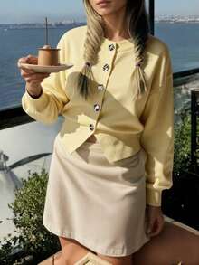 Cárdigan de punto de unicolor para mujer, suéter corto casual para uso diario y vacaciones, de alta calidad, para otoño/invierno - Amarillo - Ver 3