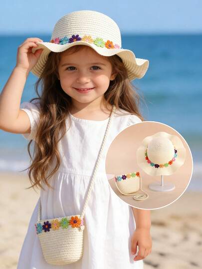 Kids Beach Vacation Sun Hat + Crossbody Bag With Colorful Flower Appliques
