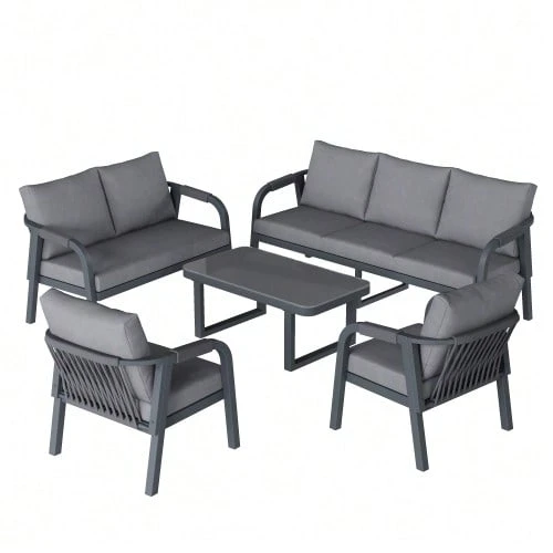 Garden Set For 7 People, Including A 3-Seater Sofa, A 2-Seater Sofa, 2 Armchairs And A Coffee Table. Glass Top, Galvanized Iron Frame, Braided Rope Design, Grey. - Grey - View 1