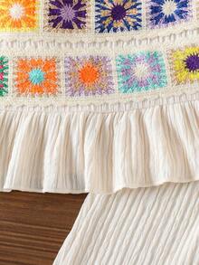 女婴草莓钩针吊带套装，夏季新款透气柔软两件套 - 荷叶边吊带上衣 + 宽松阔腿裤，可爱甜美婴儿外套 - 杏色 - 查看 5