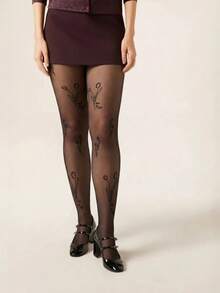 1双女士郁金香印花丝袜，性感超薄透明印花连裤袜 - 彩色 - 查看 7