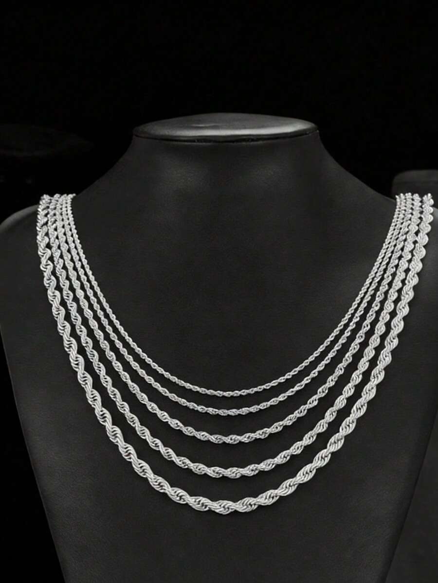 1件男士不锈钢嘻哈镀银扭链吊坠项链 - 銀色 - 查看 1