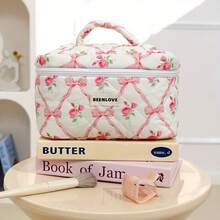Bộ túi đựng mỹ phẩm nơ hoa hồng màu hồng, túi đựng đồ trang điểm bằng vải cotton chần bông, túi đựng đồ vệ sinh cá nhân dễ thương kiểu sinh viên, thích hợp cho du lịch và sử dụng hàng ngày. - Nhiều màu - Xem 4
