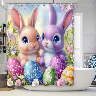 Bộ 1/2 món. Bộ đồ dùng phòng tắm chủ đề Thỏ Phục Sinh, gồm họa tiết trứng, rèm tắm bằng vải và thảm chống trượt. Hoàn hảo cho trang trí phòng tắm mùa xuân, một món quà trang trí nhà cửa tinh tế và thiết thực.