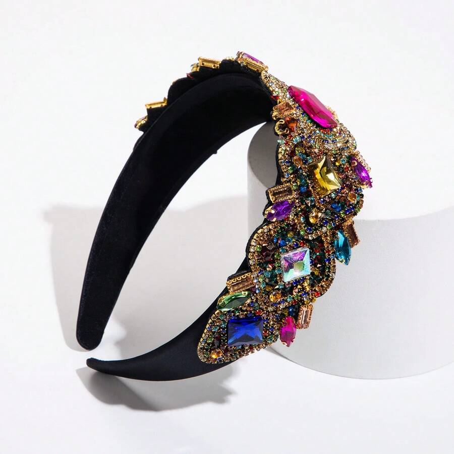 1件装奢华宽版镶钻水晶发箍，夏季，发饰，节日