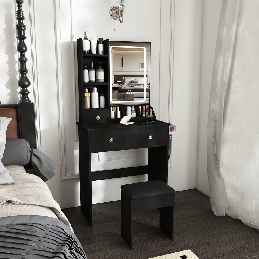 Modern Vanity Desk With LED Mirror, 3 Color Lighting & Adjustable Brightness - 3 Drawers & Storage Shelves, Built-In Power Outlet & Hair Dryer Holder, Makeup Dressing Table Set With Stool For Bedroom - US A Type Plug(110-127V) - View 1