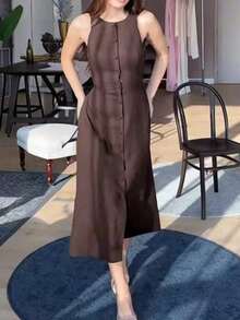 Women Elegant Sleeveless Solid Color Midi Dress Summer - 咖啡棕 - 查看 4
