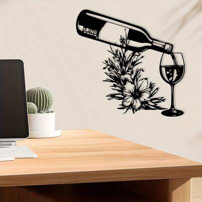1pc Vintage Wine Bottle Metal Wall Decor - Weather-Resistant Iron Design With Floral Accents, Indoor/Outdoor Thanksgiving, Christmas, Halloween, Easter Yard Decoration, Unique Gift For Wine Enthusiasts