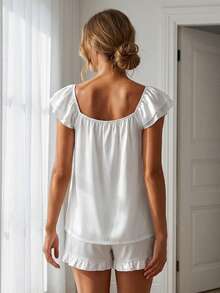 Women Satin Pajama Set Flutter Sleeve Tops And Drawstring Ruffled Shorts 2 Piece Sleepwear Outfit - Ivory White - View 2