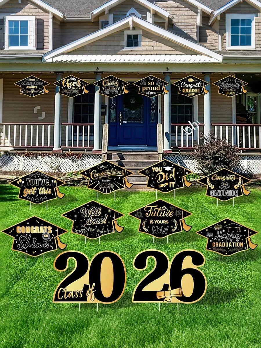 16pcs 2026 Graduation Celebration Decor, Plastic "Congrats Grad" Ornaments With Hanging Graduation Cap. Suitable For Decorating Graduation Parties, Outdoor Lawns, Garden Paths And Walkways, Also Applicable For Birthday Parties, Theme Parties And Holiday Celebrations. - Multicolor - View 1