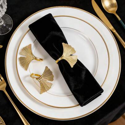 4 piezas Anillos para servilletas con hoja de ginkgo dorada, decoración de mesa minimalista de metal con hoja, emparejado con servilletas blancas de 45cm*45cm, adecuado para decoración de habitaciones, decoración de mesa de comedor, decoración del hogar, decoración de fiestas, aplicable para vacaciones, fiestas, reuniones, cumpleaños, bodas, regalos, cenas, al aire libre, picnics