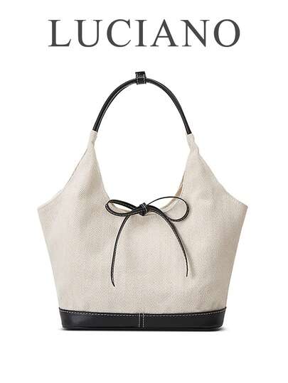 新款夏季旅行手提包，法式简约休闲百搭单肩包，1个白色小号帆布手提包，带蝴蝶结抽绳，撞色设计，适合度假装扮、通勤和户外活动