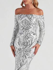 Paityn Formal Off-The-Shoulder Sequin Dress - Silver - View 4