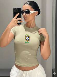 Women's Adult Short-Sleeved Basic Baby Tee T-Shirt, Slim Fit, Enhances The Silhouette, Close To The Body For Casual Looks, Physical Activities, Gym Workouts, CrossFit, Walking, Outings, Ideal For Creating Many Combinations. Baby Tee Brazil World Cup 2026, Brazil Baby Tee, Brazil 2026 T-Shirt. - 卡其色 - 查看 4