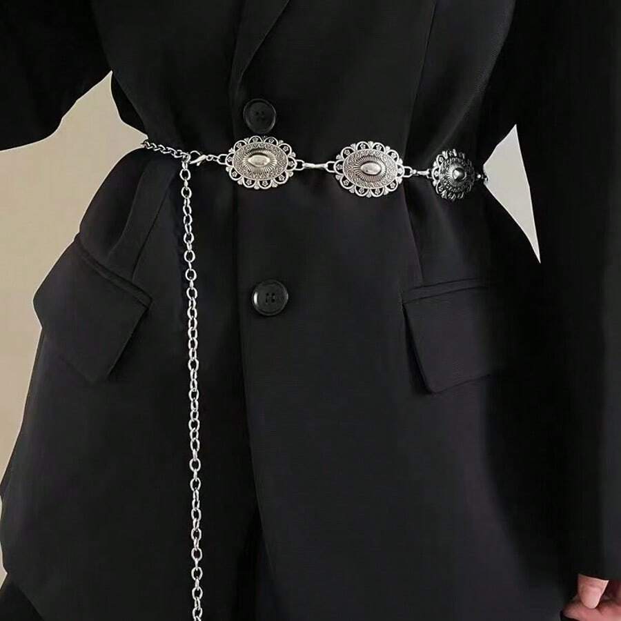 Cadena de moda para la cintura con incrustaciones de turquesa y malaquita - Plateado - Ver 1