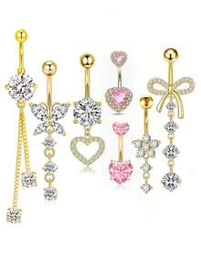 Set de 7 Anillos de acero inoxidable para el ombligo con diseños de mariposas rosas, flores y corazones, joyería de piercing adecuada para uso diario - Piercing en el ombligo - Ver 17