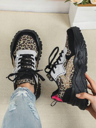 Fashionable Leopard Print Element, Gold Sequin Print, Retro Platform Sneakers, Women's Sports Shoes, Youthful College Style Unisex Sneakers