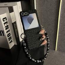 Funda de teléfono negra con patrón de estera de paja de estilo Y2K de lujo y pulsera asimétrica con forma de piedra compatible con Samsung Galaxy ZFlip7 Z Flip6 ZFlip 5, compatible con - Negro - Ver 3