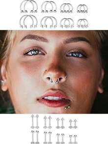 32件套不锈钢鼻环套装 - C形鼻环、球形和尖头唇钉、低过敏性身体饰品，适用于唇部、耳软骨、耳屏、耳廓等部位。 - 銀色 - 查看 8