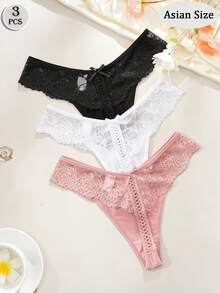 3pcs/Set Romantic Sexy Lace Women's Thong Panties With Bow And Criss-Cross Strap Design - Multicolor - View 2